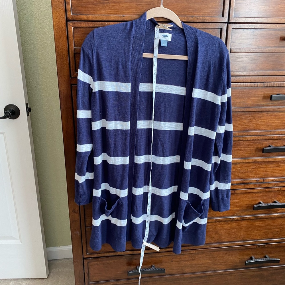 Navy and white cardigan open sweater